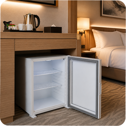 Cam Kapılı Otel Minibarı – Beyaz – Kompresörlü Inverter Sistem 40 Lt