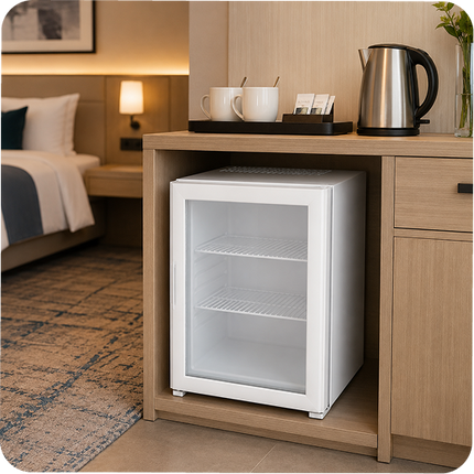 Cam Kapılı Otel Minibarı – Beyaz – Kompresörlü Inverter Sistem 40 Lt