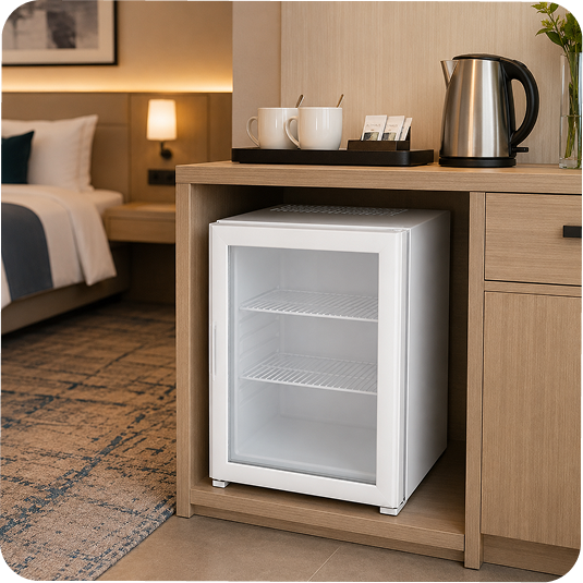Cam Kapılı Otel Minibarı – Beyaz – Kompresörlü Inverter Sistem 40 Lt