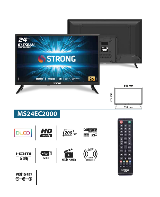 Otel Televizyonu  MS24EC2000 24’’ 61cm Ekran HD Ready Led TV 24" Uydu Alıcılı