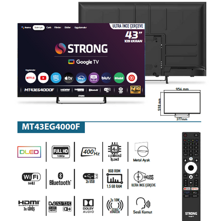 Otel Televizyonu MT43EG4000F 43’’ 109cm Ekran FRAMELESS Full HD Google TV 43" Google TV
