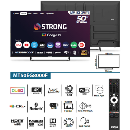 Otel Televizyonu MT50EG8000F 50’’ 127cm Ekran FRAMELESS 4K Ultra HD Google TV 50" Google TV QLED