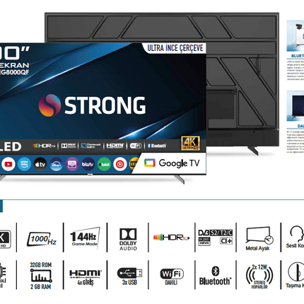 Otel Televizyonu MT100EG8000QF 100’’ 254cm Ekran FRAMELESS QLED 4K Ultra HD Google TV 100" Google TV QLED