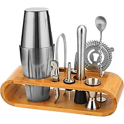 Vosco VB-KB10  10 Parça Ahşap Standlı  Boston Shaker Kokteyl Set, 750 ml 