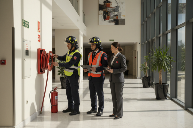 otel yangın denetimi yapan 2 türkiye itfaiye üniformalı ve onlara eşlik eden otel personeli